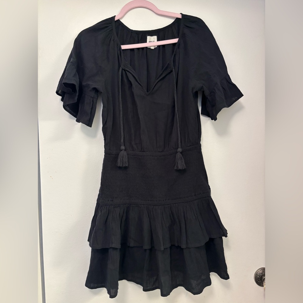 Aerie Women's S/P Black Cotton Smocked Tiered Short Sleeve Mini Dress